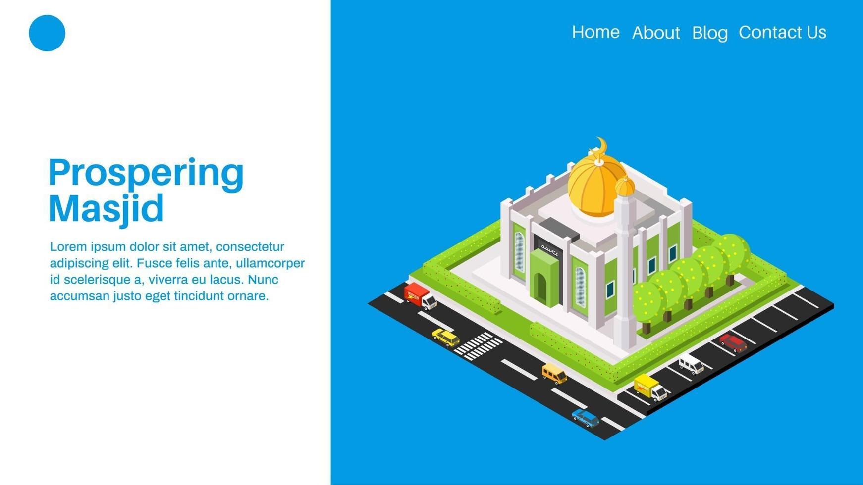 Prospering masjid or mosque landing page with flat isomemtric illustration vector