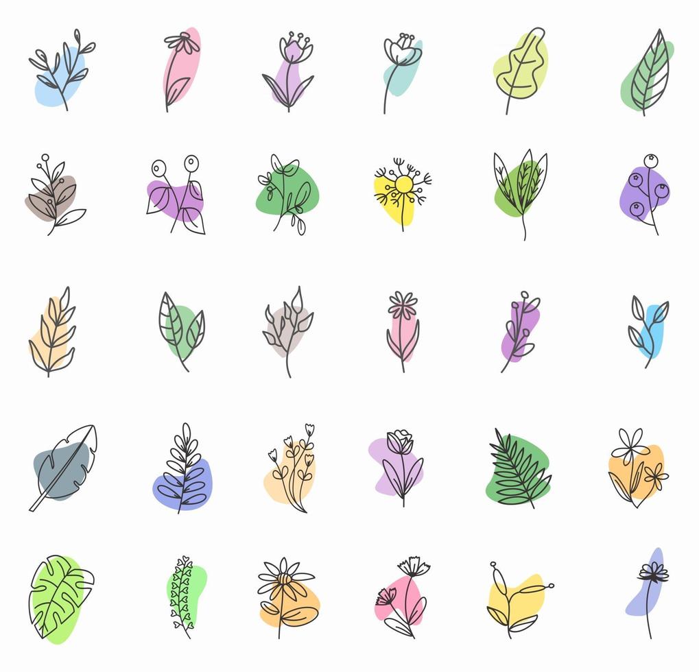 big pack of Hand-drawn doodle floral elements. spring and summer theme. flower and plant botanical vector in line art or outline style. can be used for social media highlight story cover icon