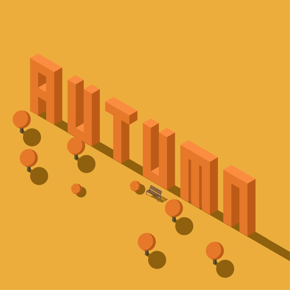 autumn season isometric illustration greeting with orange tree and wood vector