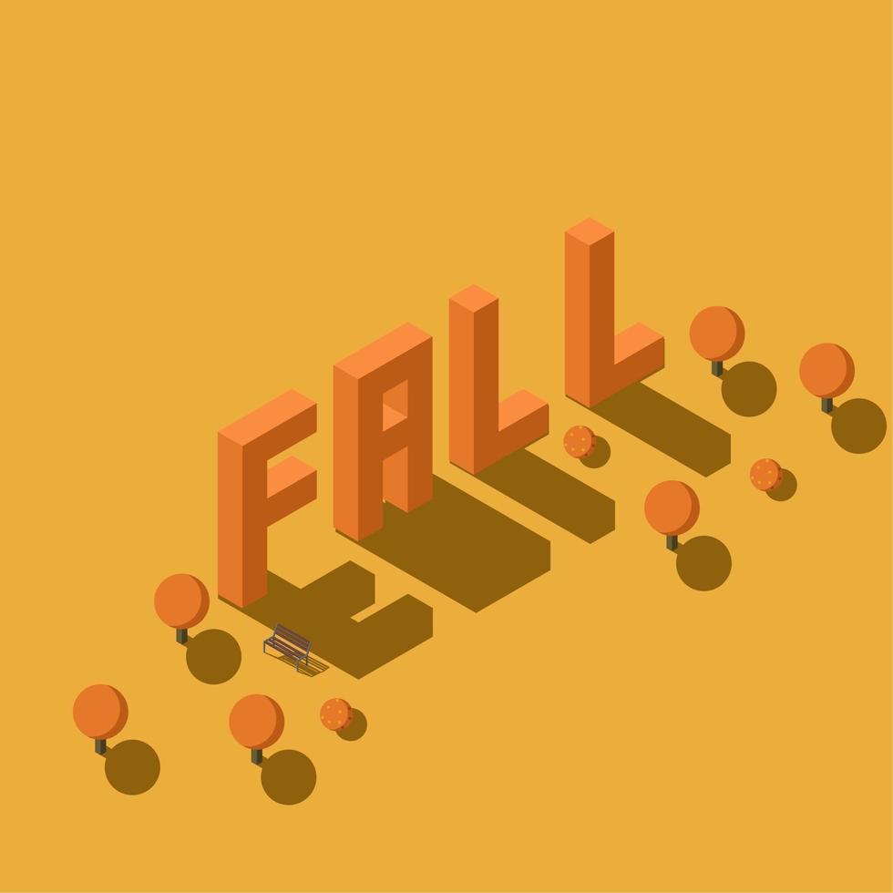 fall season isometric illustration greeting with orange tree and wood different perspective vector