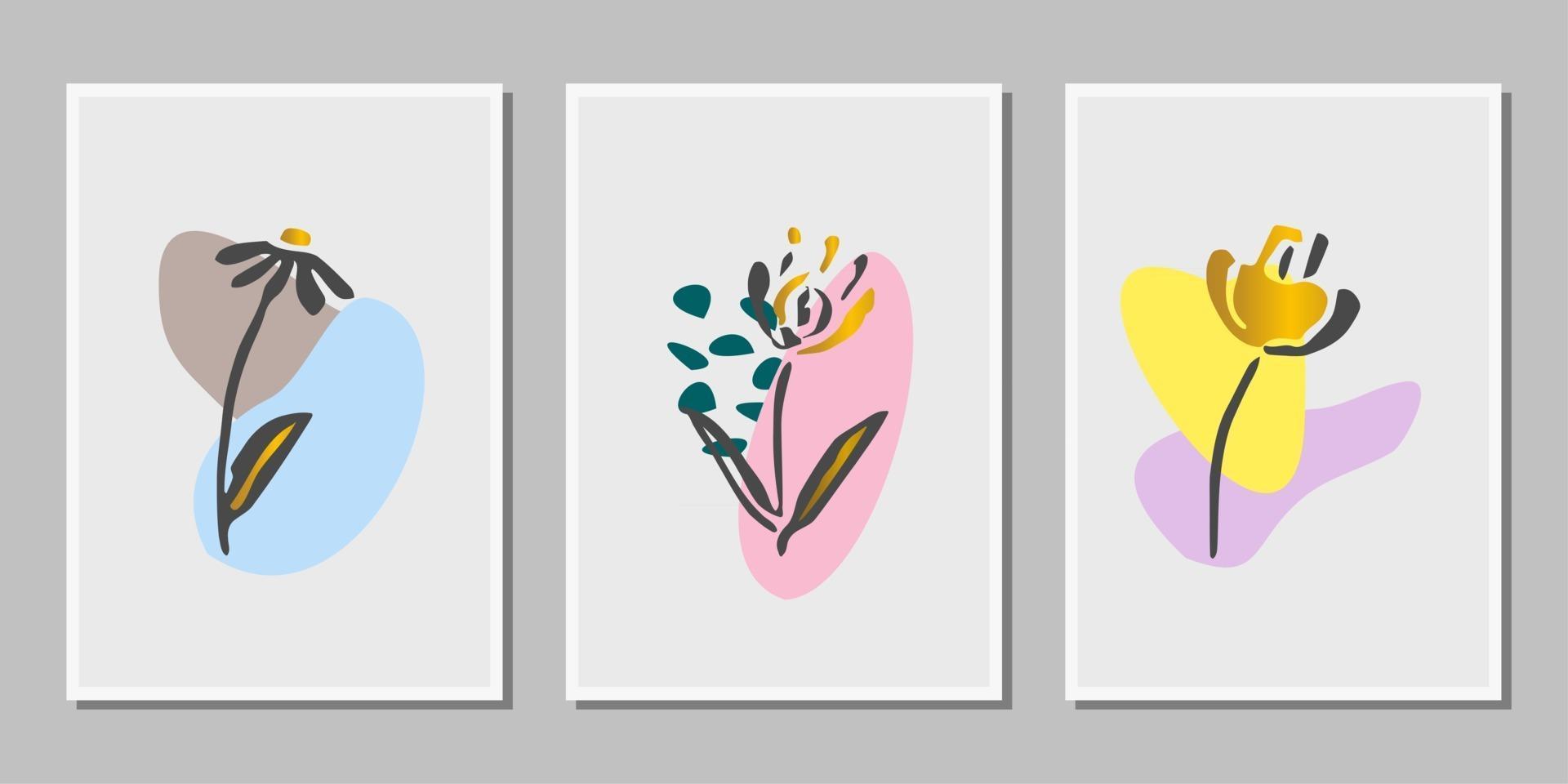 arte de la pared botánica de oro. dibujo de follaje con forma abstracta. diseño de arte de flores de plantas para impresión, portada, papel tapiz, redes sociales, arte de pared minimalista y natural. Ilustración de vector de boho de tono de tierra. fondo gris