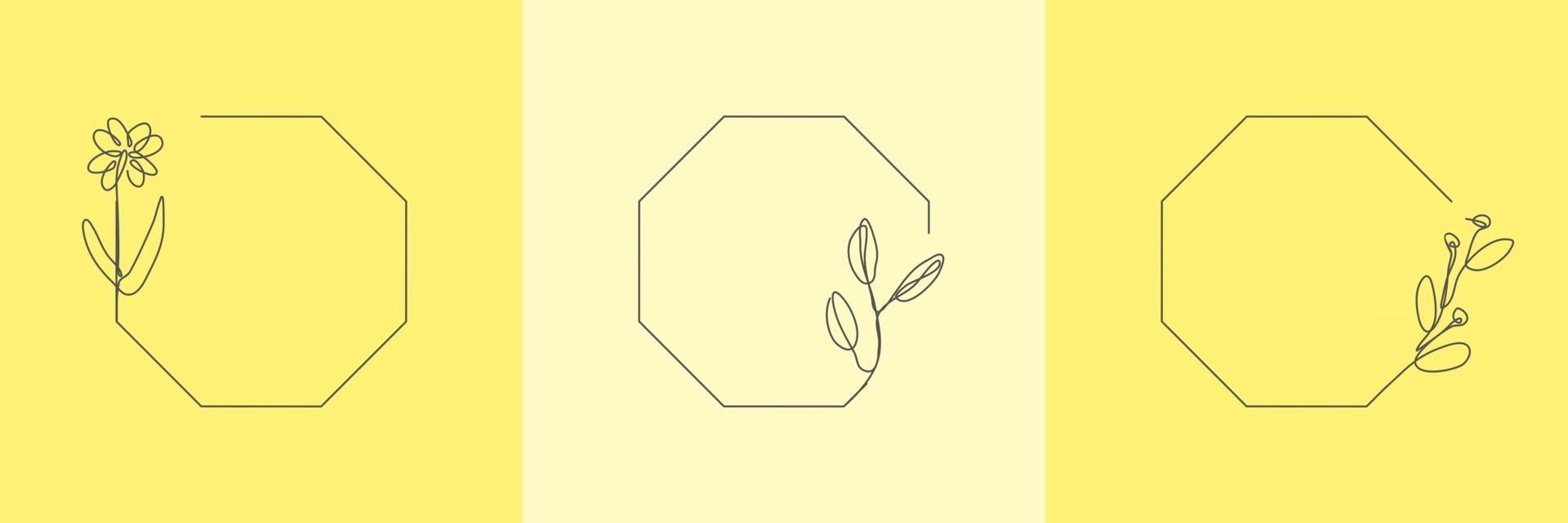 Establecer hierba orgánica floral dibujada a mano, hojas y flores con marco de octágono, elemento decorativo de hoja. Ilustración de vector de arte lineal para redes sociales, boda, invitación, logotipo, cosmética