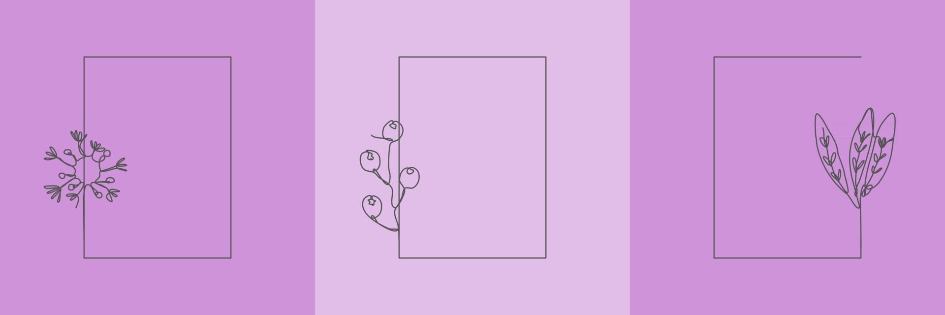 Establecer hierba orgánica floral dibujada a mano, hojas y flores con marco rectangular púrpura, elemento decorativo de hoja. Ilustración de vector de arte lineal para redes sociales, boda, invitación, logotipo, cosmética