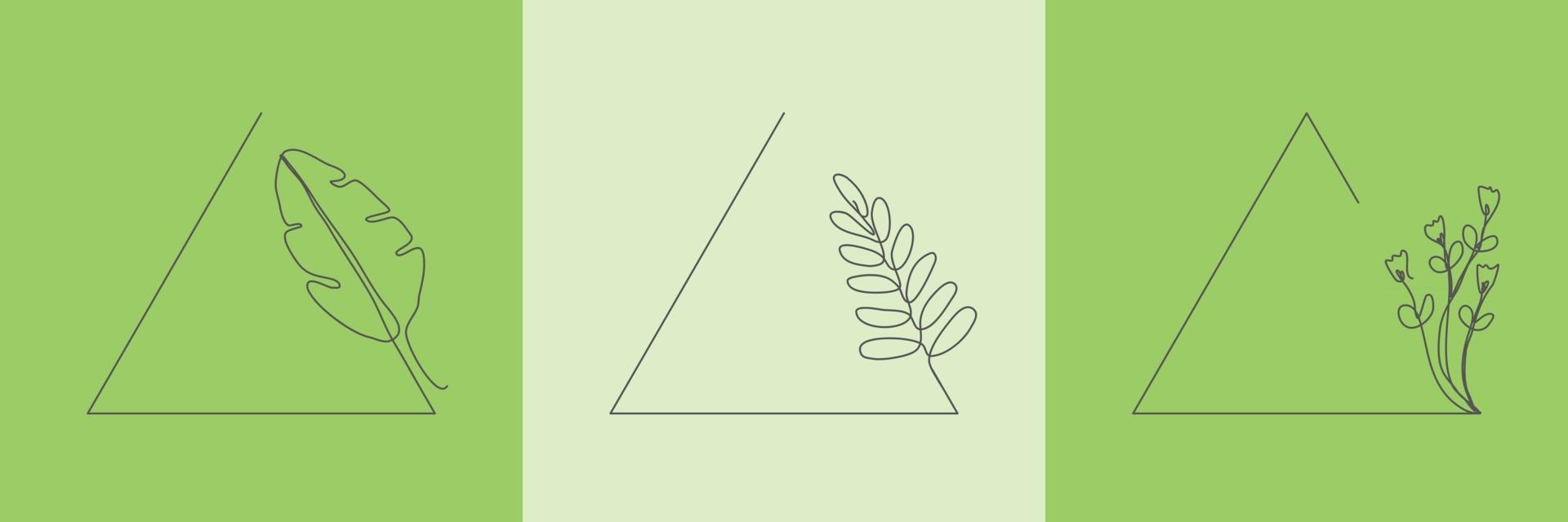 Establecer hierba orgánica floral dibujada a mano, hojas y flores con marco triangular, elemento decorativo de hoja. Ilustración de vector de arte lineal para redes sociales, boda, invitación, logotipo, cosmética