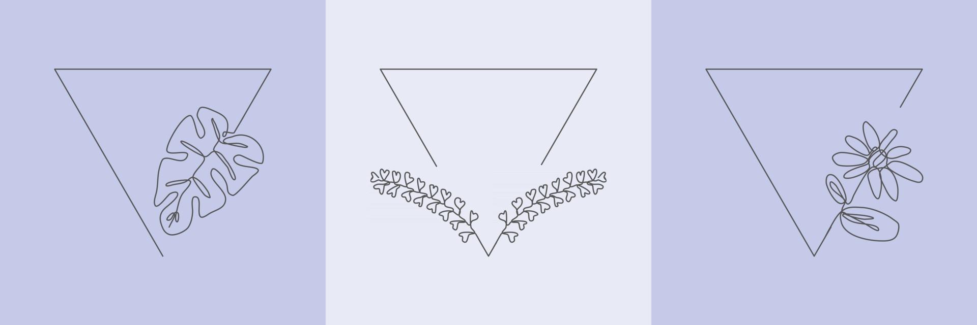 Set Hand Drawn floral Organic grass, Leaves and flower with upside down triangle frame, Decorative Leaf element. Line art Vector Illustration for social media, wedding, invitation, logo, cosmetic