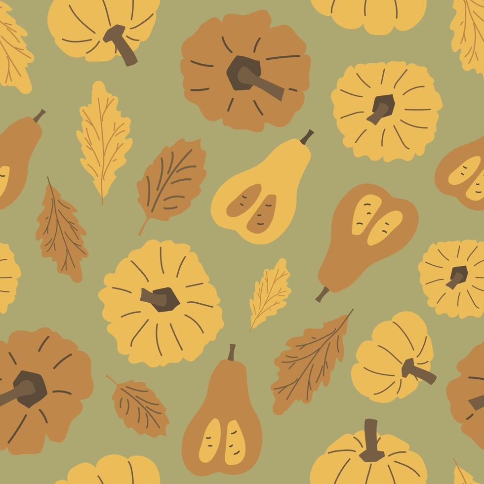 Hand drawn autumn oak leaves, pumpkins seamless pattern. Vector Halloween illustration of pastel yellow, brown elements on green background, flat style