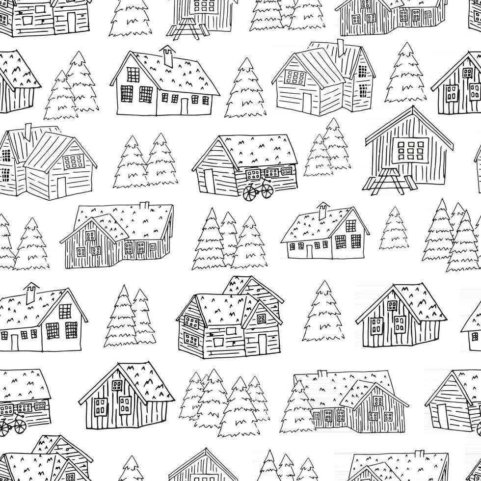 Black-white seamless pattern of houses and christmas trees for coloring book or card. Vector hand drawn cartoon illustration