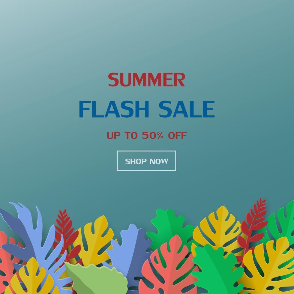 Summer sale banner template with tropical leaves in paper art style vector
