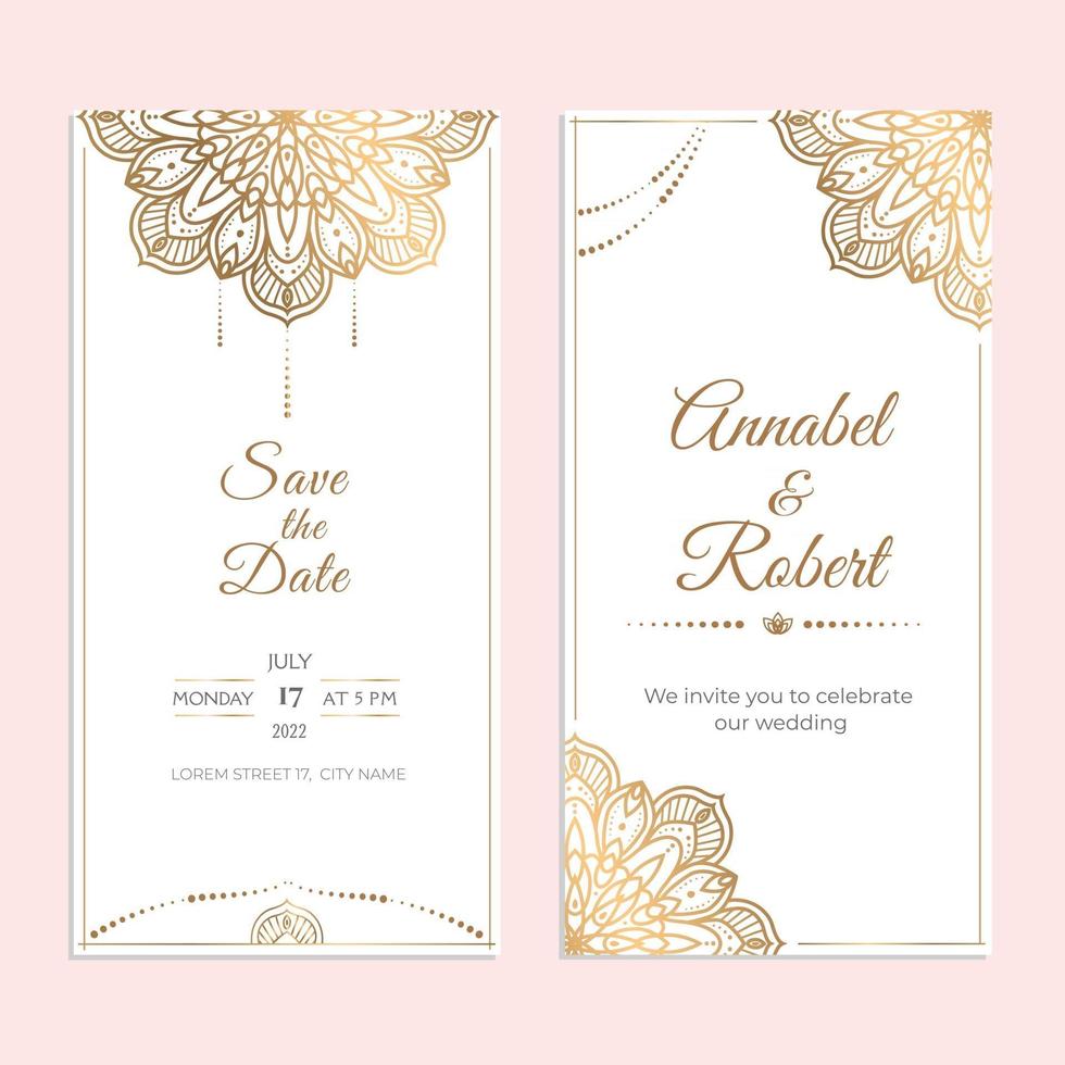 Wedding invitation stories for social media cover template with round mandala golden elements. Luxury modern ethnic lace mandalas ornament card. Save the Date vector. vector