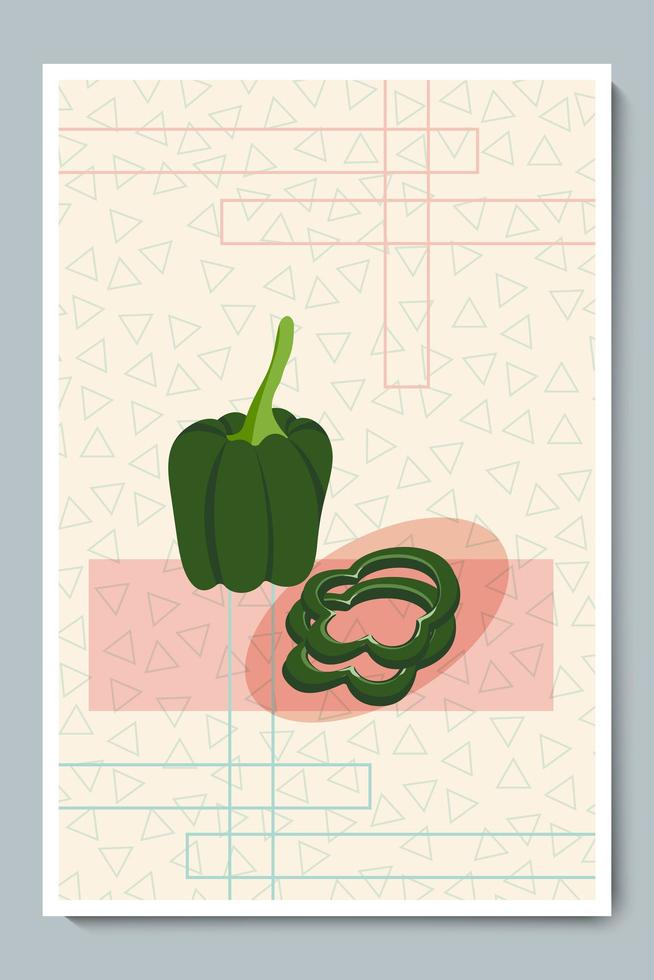 cartel de anillos de pimiento morrón y pimentón en rodajas. verduras minimalistas con piezas, formas geométricas y textura de triángulos. vector