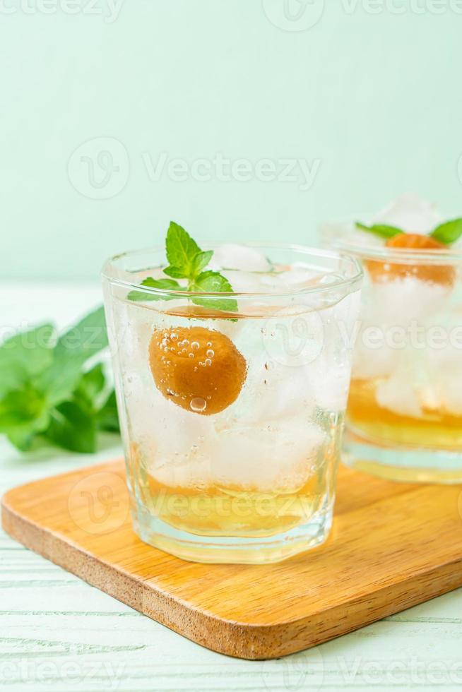 Iced plum juice with soda and peppermint on the wood table - refreshment drink photo