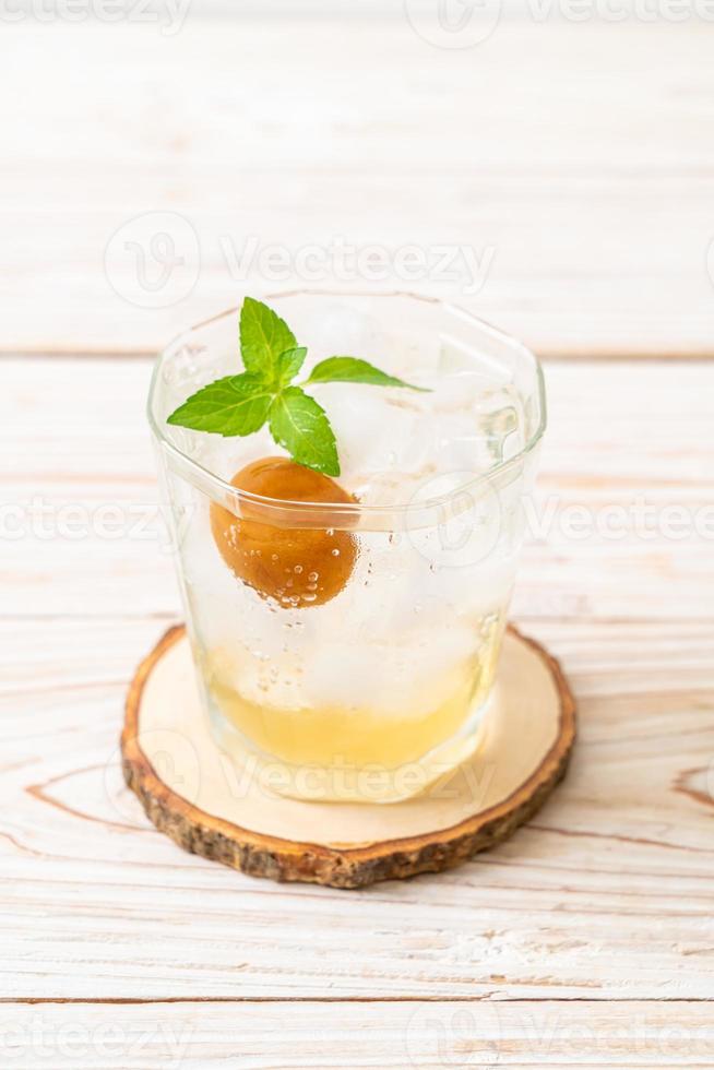Iced plum juice with soda and peppermint on the wood table - refreshment drink photo