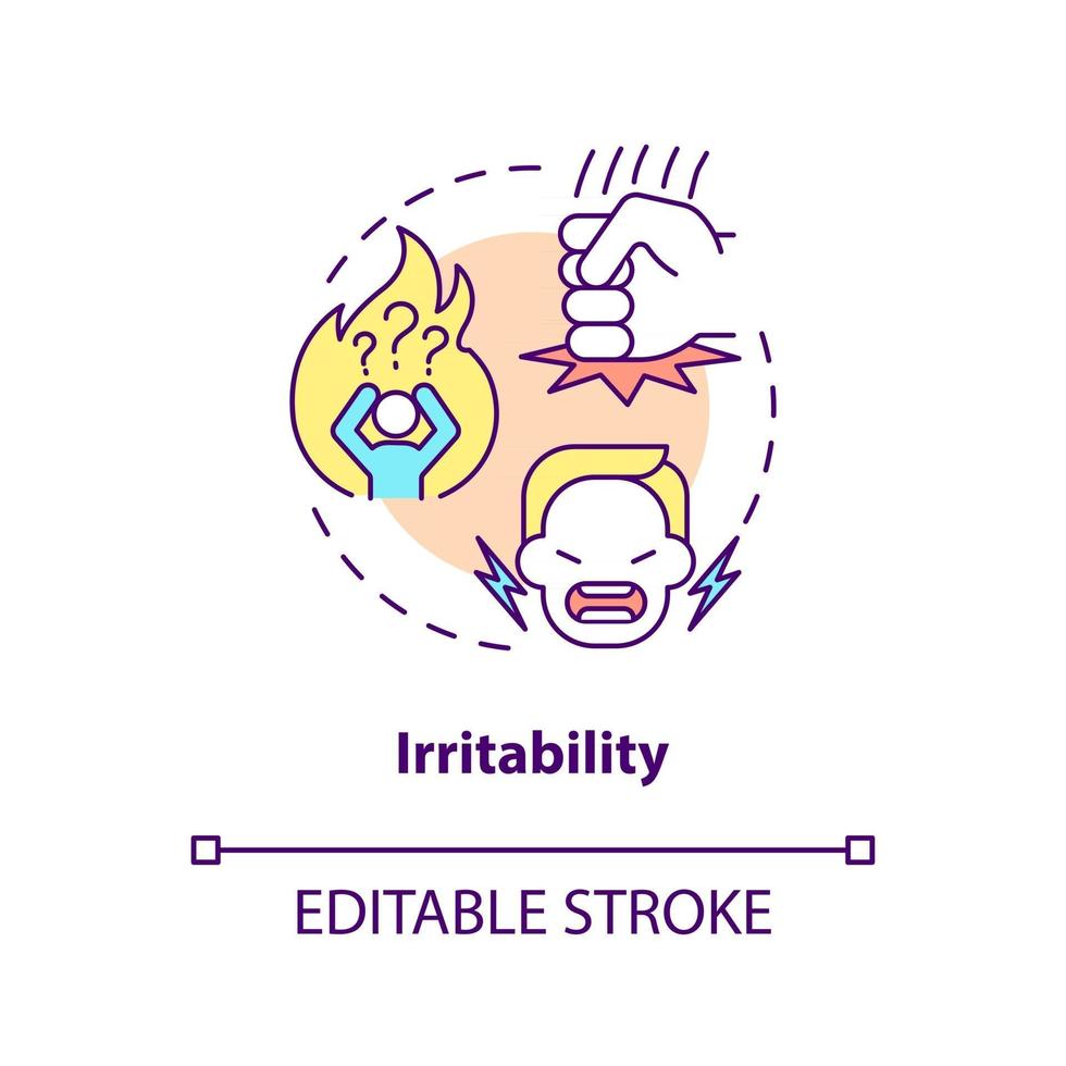 Irritability concept icon. Emotional problems. Disease symptomps. Human health issues. Diabetes abstract idea thin line illustration. Vector isolated outline color drawing. Editable stroke