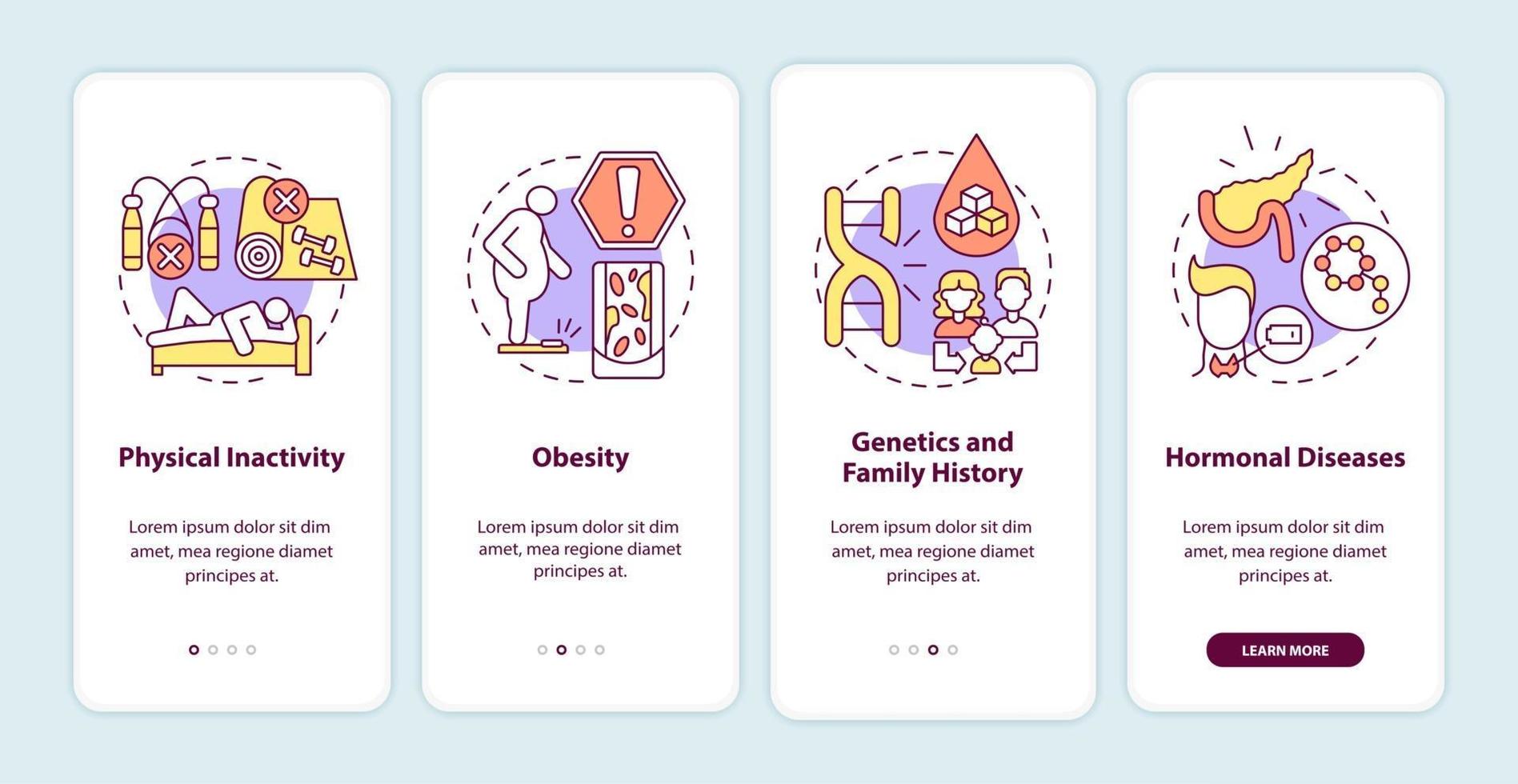 Diabetes causes onboarding mobile app page screen. Human obesity walkthrough 4 steps graphic instructions with concepts. UI, UX, GUI vector template with linear color illustrations