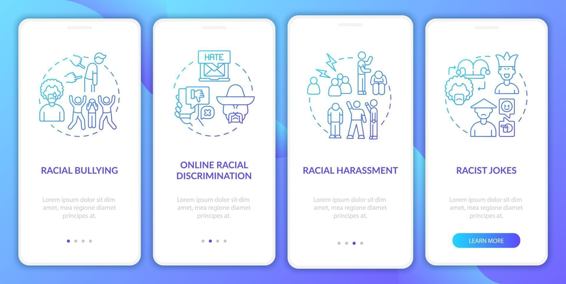 Racial inequality onboarding mobile app page screen. Online discrimination walkthrough 4 steps graphic instructions with concepts. UI, UX, GUI vector template with linear color illustrations