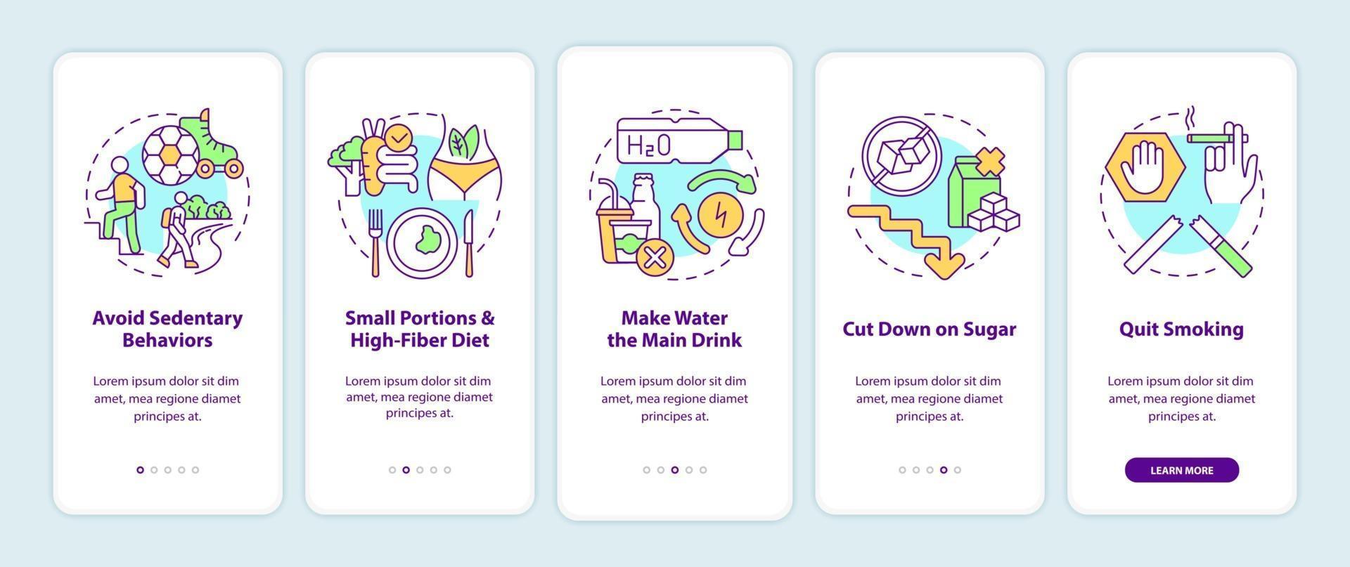 Diabetes prevention tips onboarding mobile app page screen. Meal portion walkthrough 5 steps graphic instructions with concepts. UI, UX, GUI vector template with linear color illustrations