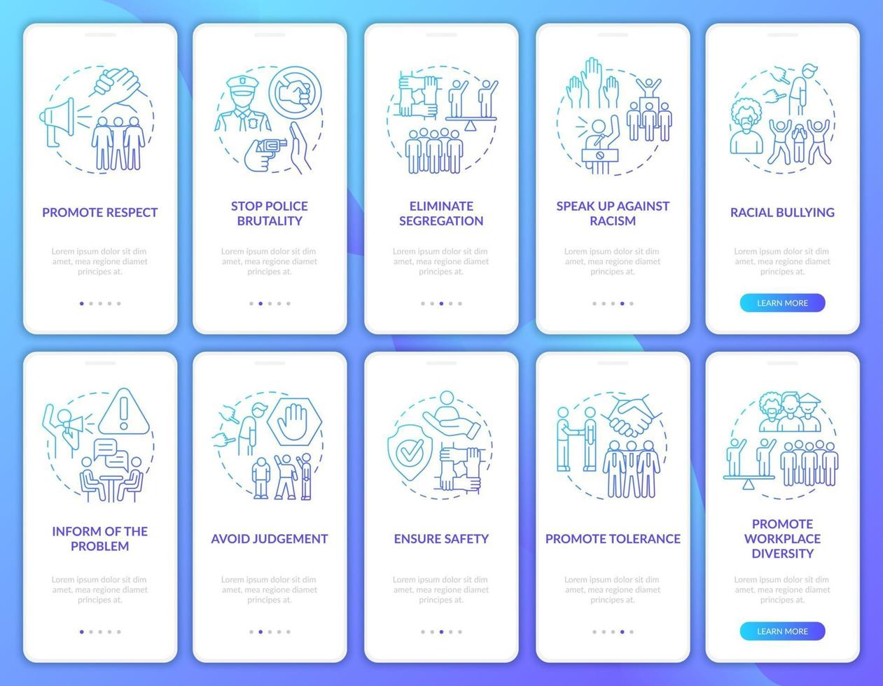 enfrentando la injusticia étnica que integran las pantallas de la página de la aplicación móvil. promover el respeto tutorial 5 pasos instrucciones gráficas con conceptos. ui, ux, plantilla de vector de interfaz gráfica de usuario con ilustraciones en color lineal