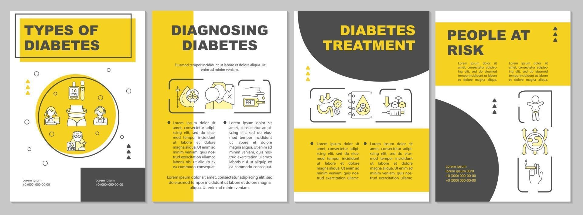 tipos de plantilla de folleto de diabetes. diagnosticar enfermedades. folleto, folleto, impresión de folletos, diseño de portada con iconos lineales. diseños vectoriales para presentaciones, informes anuales, páginas publicitarias vector