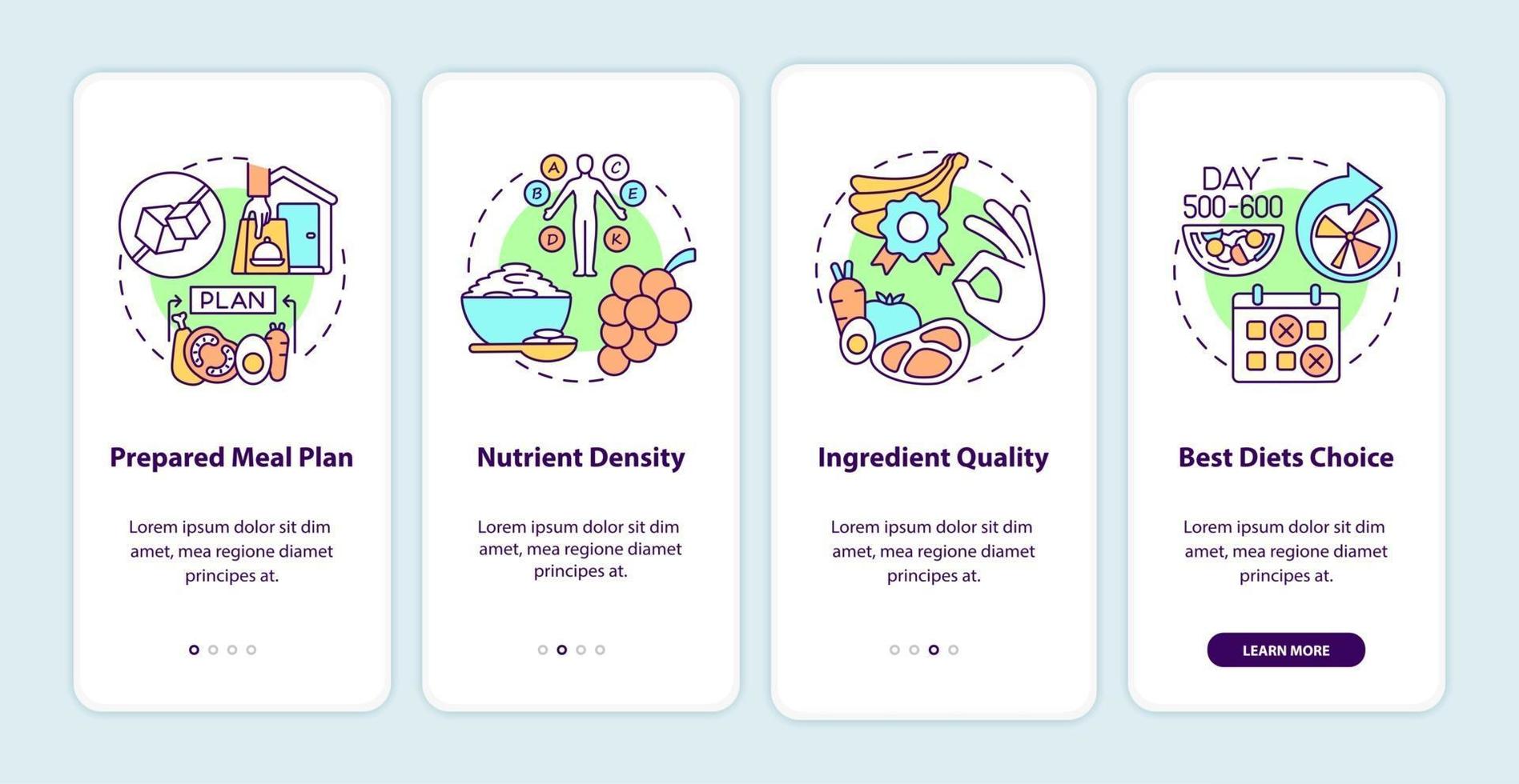 Meal delivery for diabetics onboarding mobile app page screen. Nutrients walkthrough 4 steps graphic instructions with concepts. UI, UX, GUI vector template with linear color illustrations