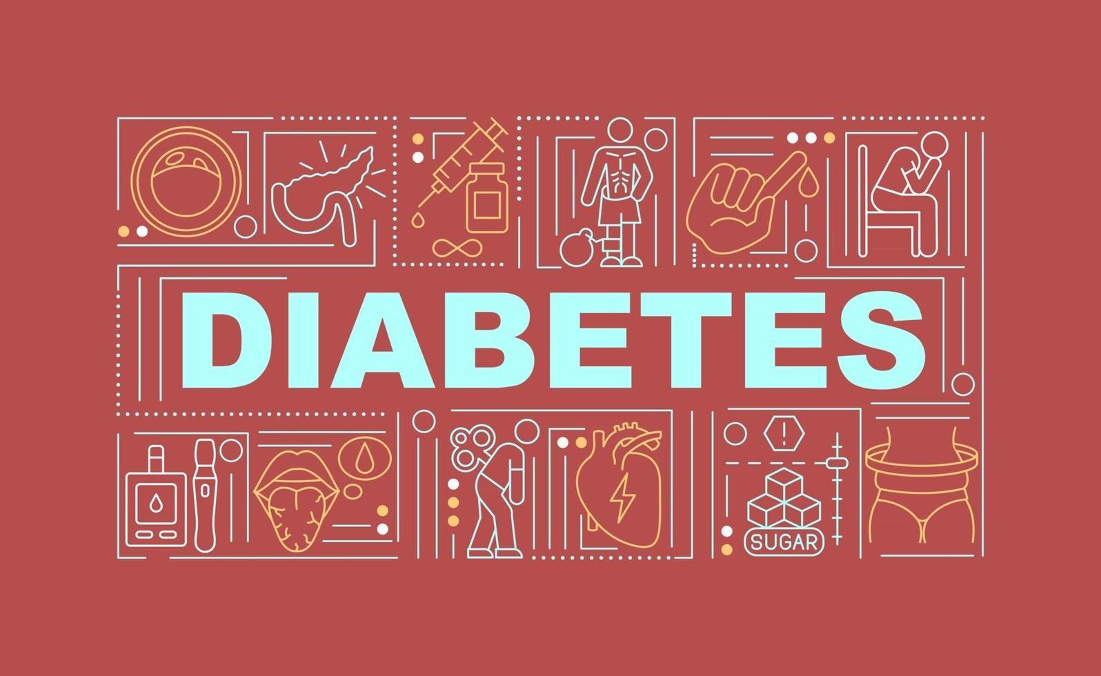 Diabetes word concepts banner. Medicaments for diseases treatment. Infographics with linear icons on red background. Isolated creative typography. Vector outline color illustration with text