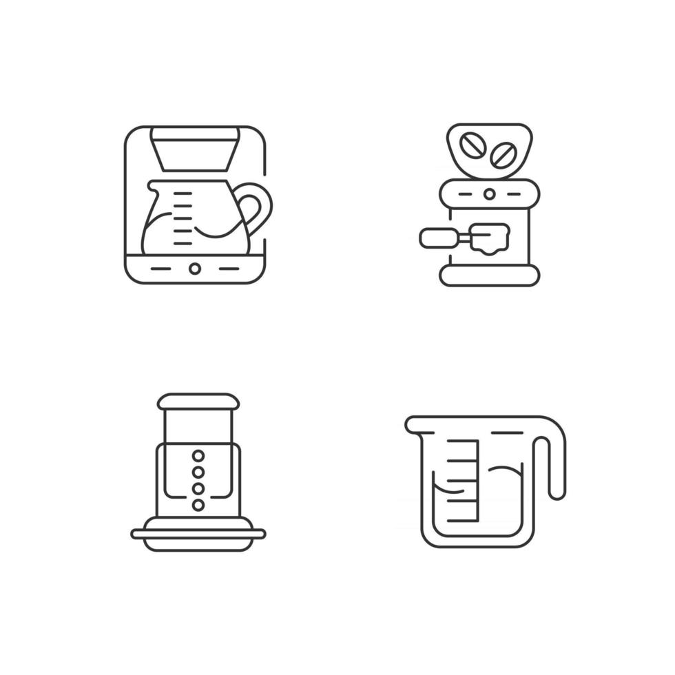 Coffee shop machine linear icons set. Bean grinder, commercial mill for processing. Espresso making. Customizable thin line contour symbols. Isolated vector outline illustrations. Editable stroke