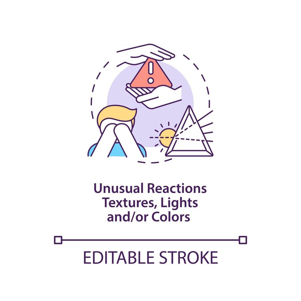 Sensory issues in autism concept icon. Autism symptom abstract idea thin line illustration. Unusual reactions to textures, lights and colors. Vector isolated outline color drawing. Editable stroke