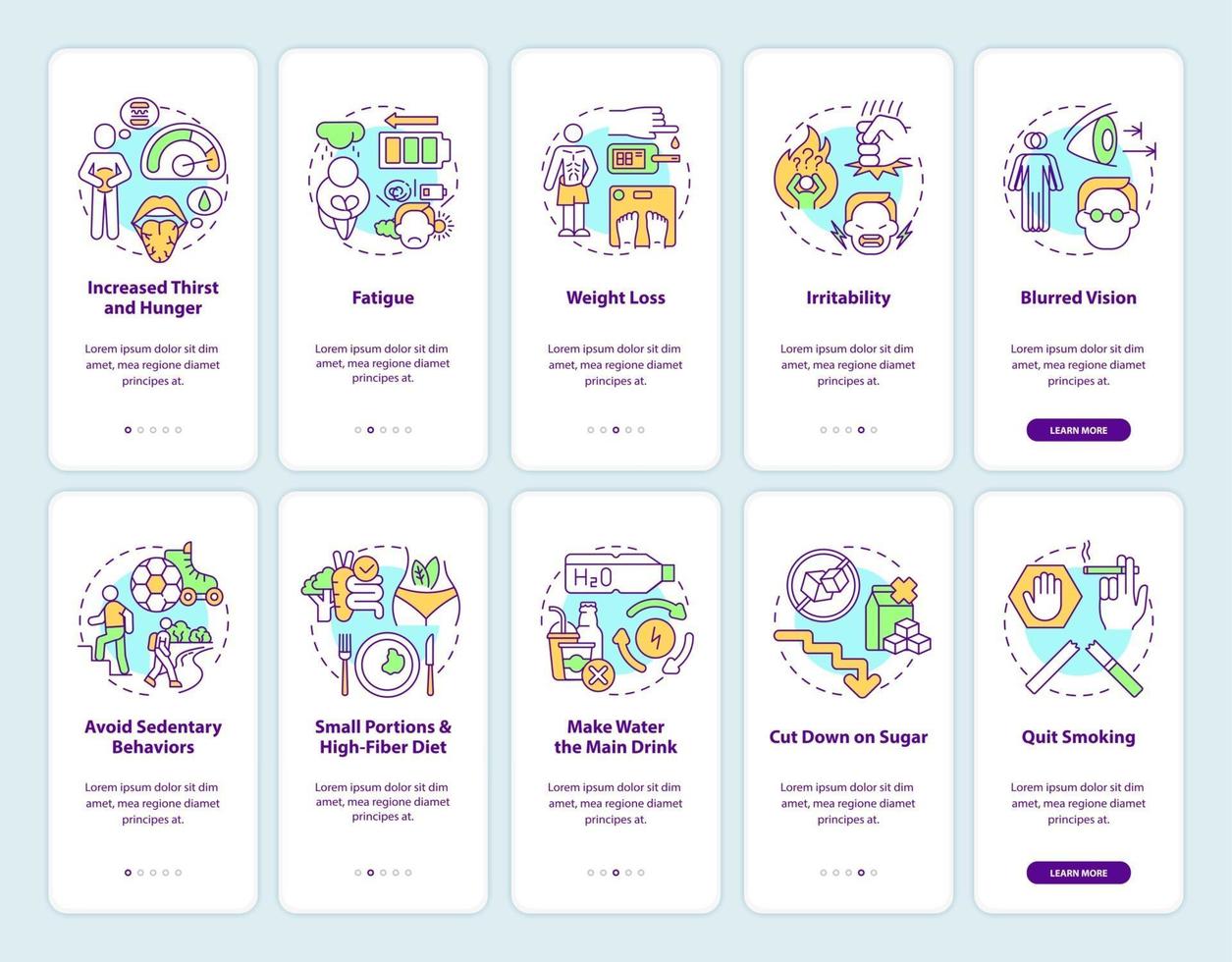 Diabetes onboarding mobile app page screen set. Special meal ingredients walkthrough 5 steps graphic instructions with concepts. UI, UX, GUI vector template with linear color illustrations