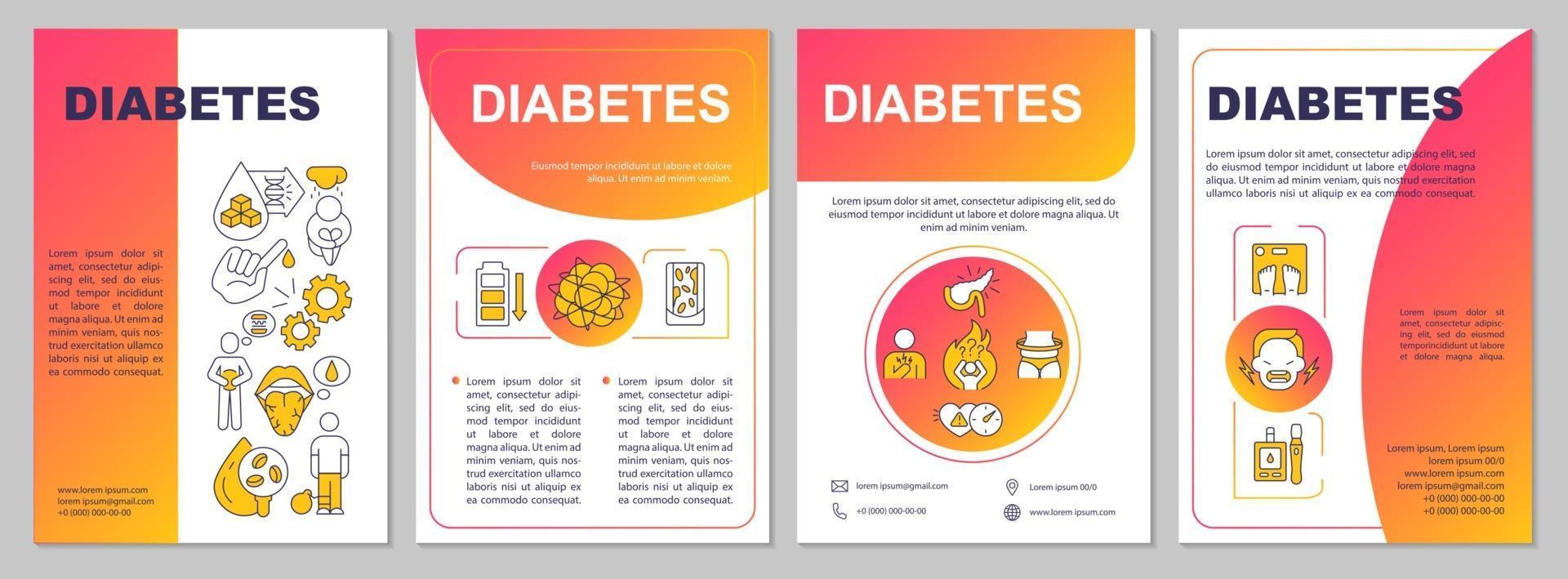 plantilla de folleto de diabetes. tratamiento médico para personas enfermas. folleto, folleto, impresión de folletos, diseño de portada con iconos lineales. diseños vectoriales para presentaciones, informes anuales, páginas publicitarias vector