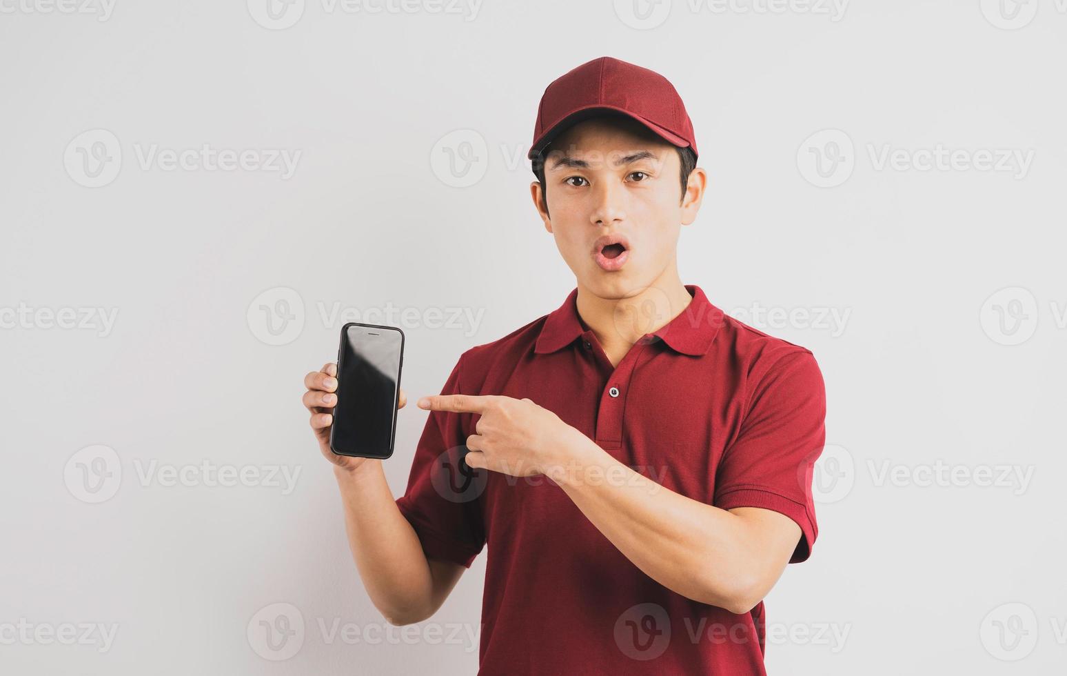 Delivery man holding phone in background photo