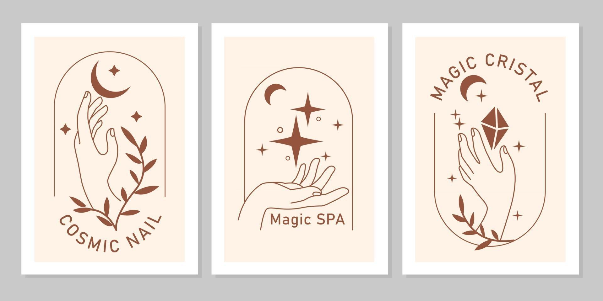 Mystic boho set of elegant female hands with moon, star, plant, gem in line art. Vector magic symbol isolated on beige background. Trendy minimalist signs for design of cosmetics, jewelry, beauty