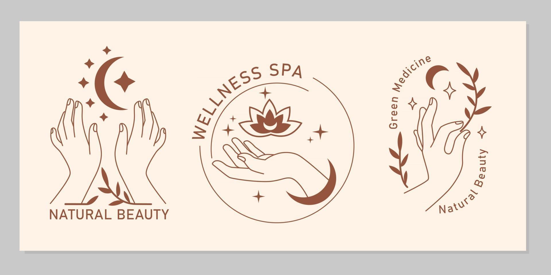 Mystic boho set of elegant female hands with moon, star, plant, flower in line art. Vector magic symbol isolated on beige background. Trendy minimalist signs for design of cosmetics, jewelry, beauty