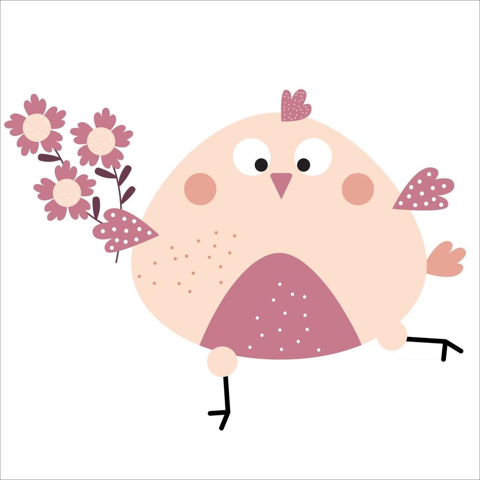 Funny cute bird with a bouquet of flowers. Decorative fat chick girl. Vector illustration