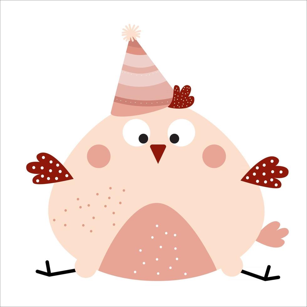 A funny cute bird in a birthday hat. Festive fatty chicken sits. Vector illustration