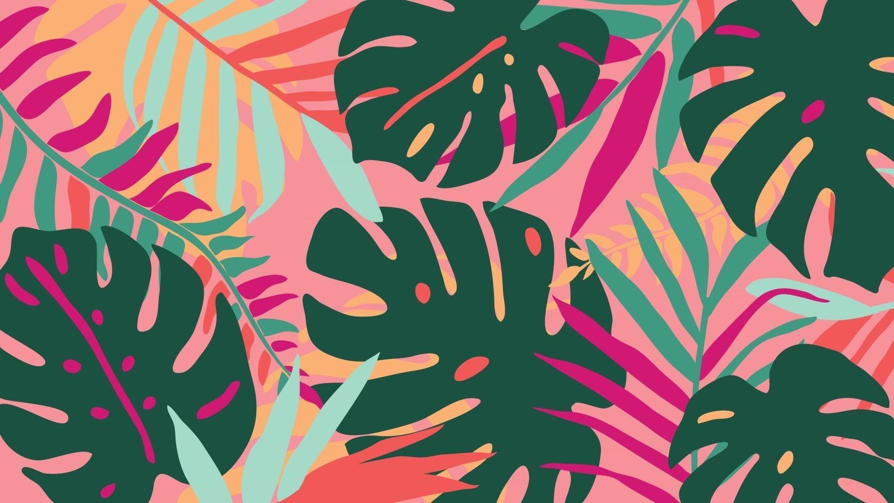 Tropical forest art deco wallpaper. Floral pattern with exotic flowers and leaves, split-leaf Philodendron plant ,monstera plant, Jungle plants line art on trendy background. Vector illustration.