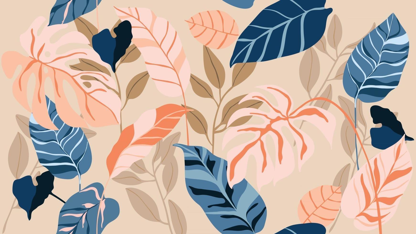 papel tapiz art deco de bosque tropical. patrón floral con flores y hojas exóticas, planta de filodendro de hoja dividida, planta de monstera, arte lineal de plantas de la jungla sobre fondo de moda. ilustración vectorial. vector