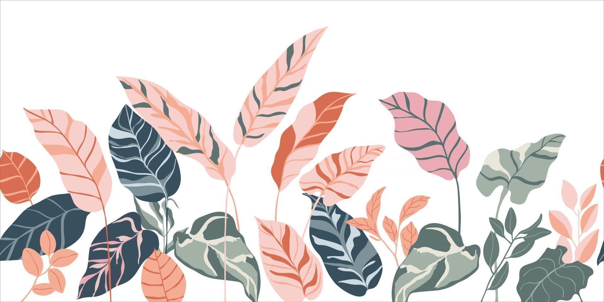 Tropical forest art deco wallpaper. Floral pattern with exotic flowers and leaves, split-leaf Philodendron plant ,monstera plant, Jungle plants line art on trendy background. Vector illustration.