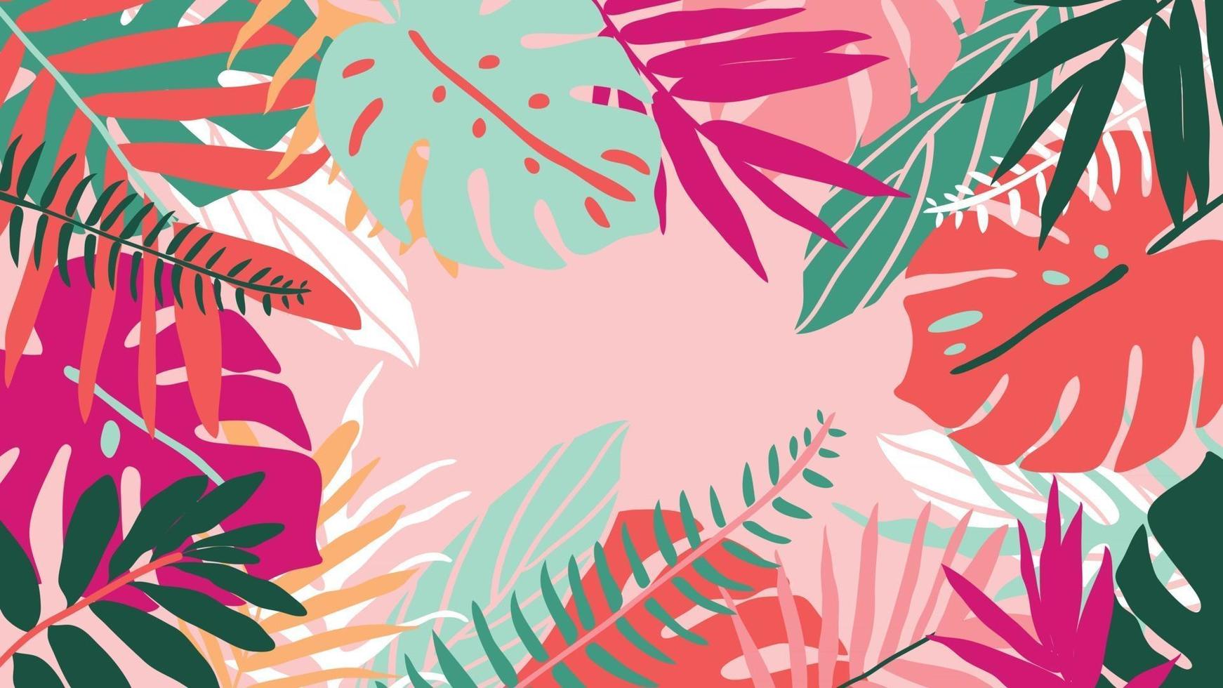 Tropical forest art deco wallpaper. Floral pattern with exotic flowers and leaves, split-leaf Philodendron plant ,monstera plant, Jungle plants line art on trendy background. Vector illustration.