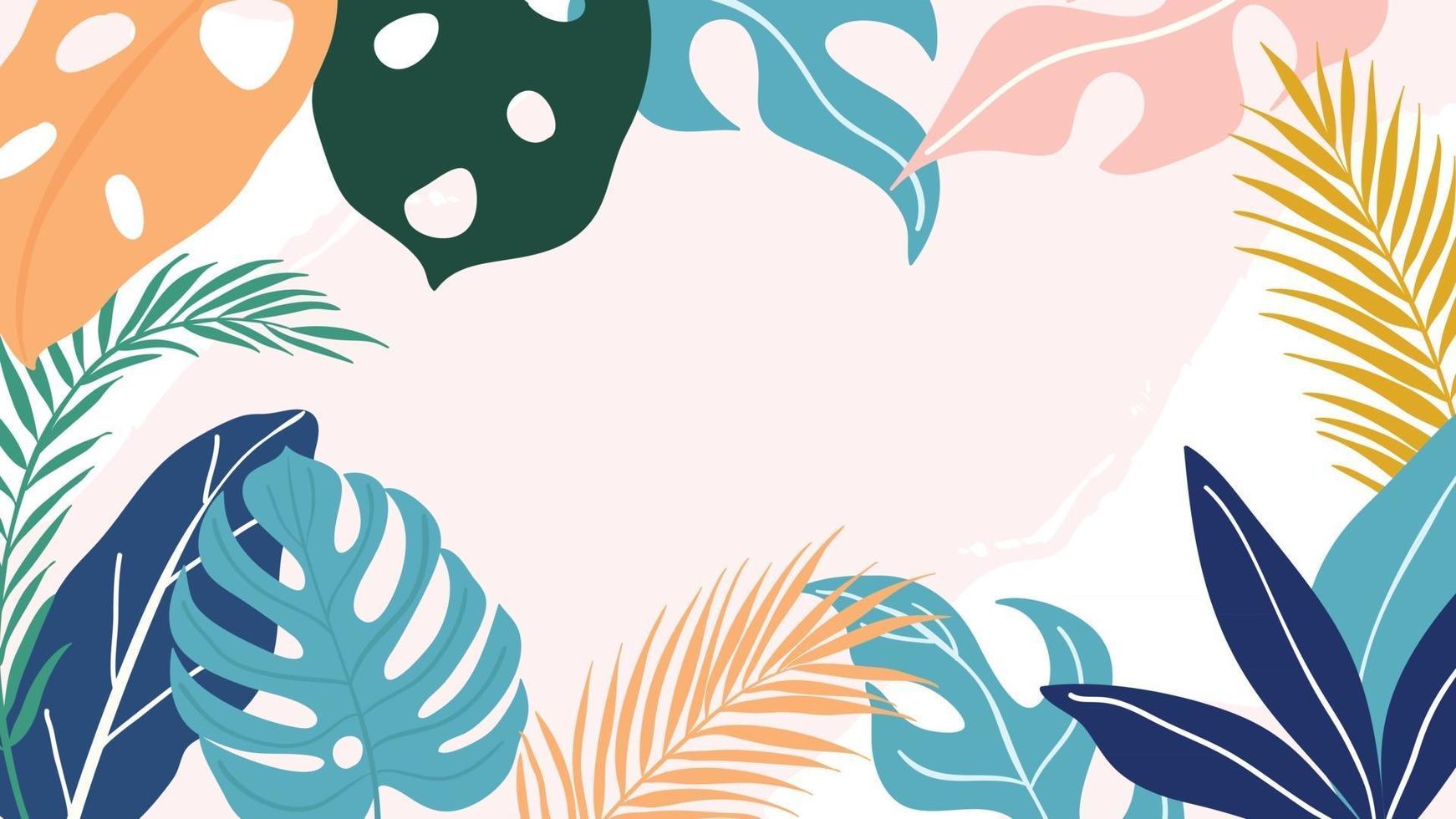 Tropical forest art deco wallpaper. Floral pattern with exotic flowers and leaves, split-leaf Philodendron plant ,monstera plant, Jungle plants line art on trendy background. Vector illustration.