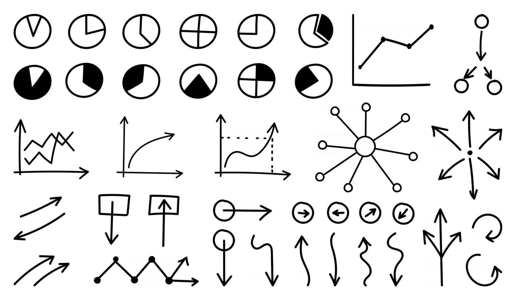 Conjunto de iconos de vector de flecha dibujados a mano. boceto de diseño de flecha para plan de negocios y educación.