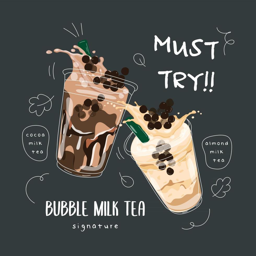 colección de diseño de té con leche de burbujas, té con leche perla, té con leche boba, deliciosas bebidas, cafés con banner estilo doodle, ilustración vectorial. vector