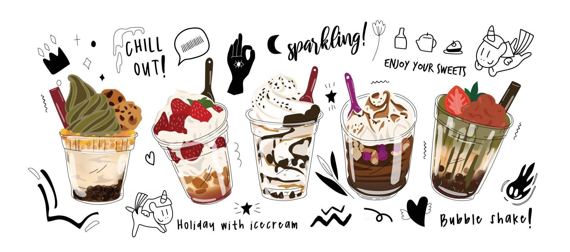 Bubble milk tea design collection,Pearl milk tea , Boba milk tea, Yummy drinks, coffees with doodle style banner,  Vector illustration.