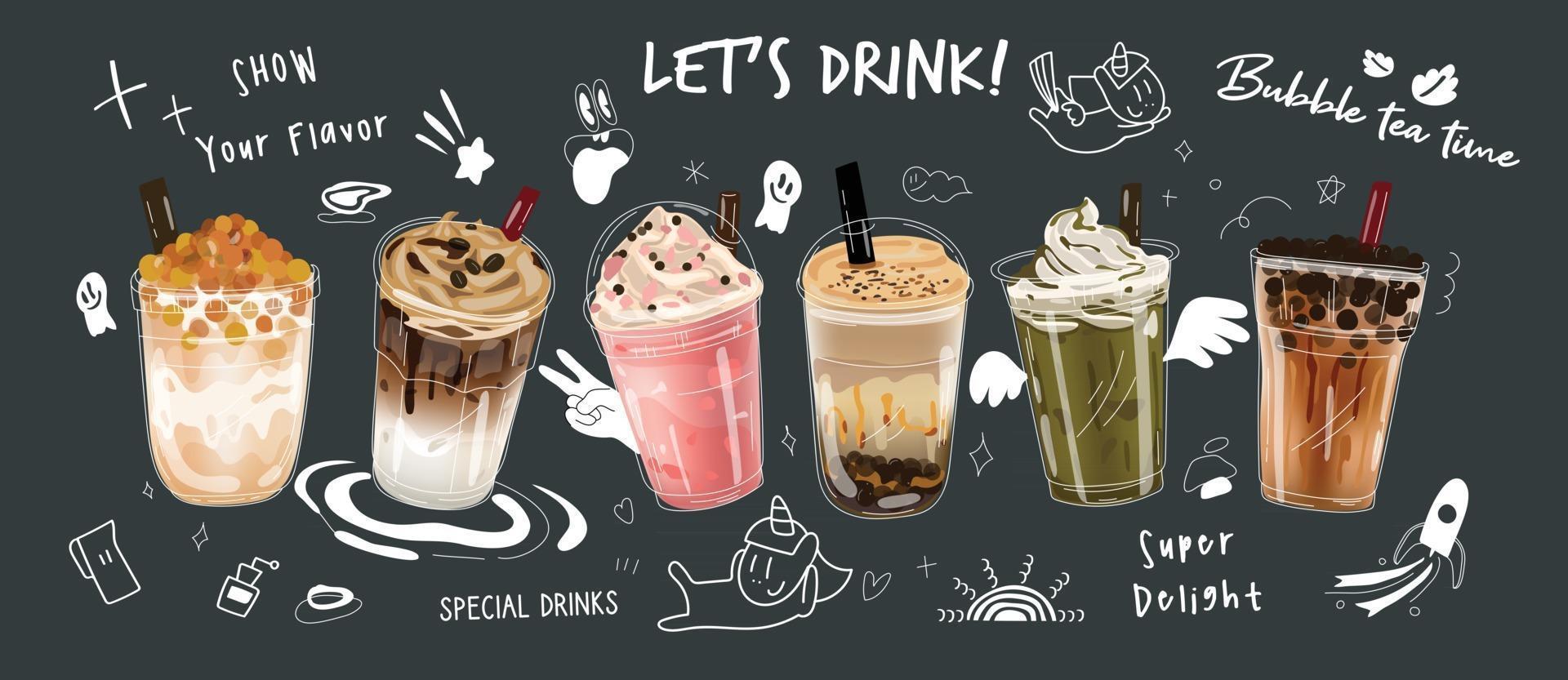 Bubble milk tea design collection,Pearl milk tea , Boba milk tea, Yummy drinks, coffees with doodle style banner,  Vector illustration.