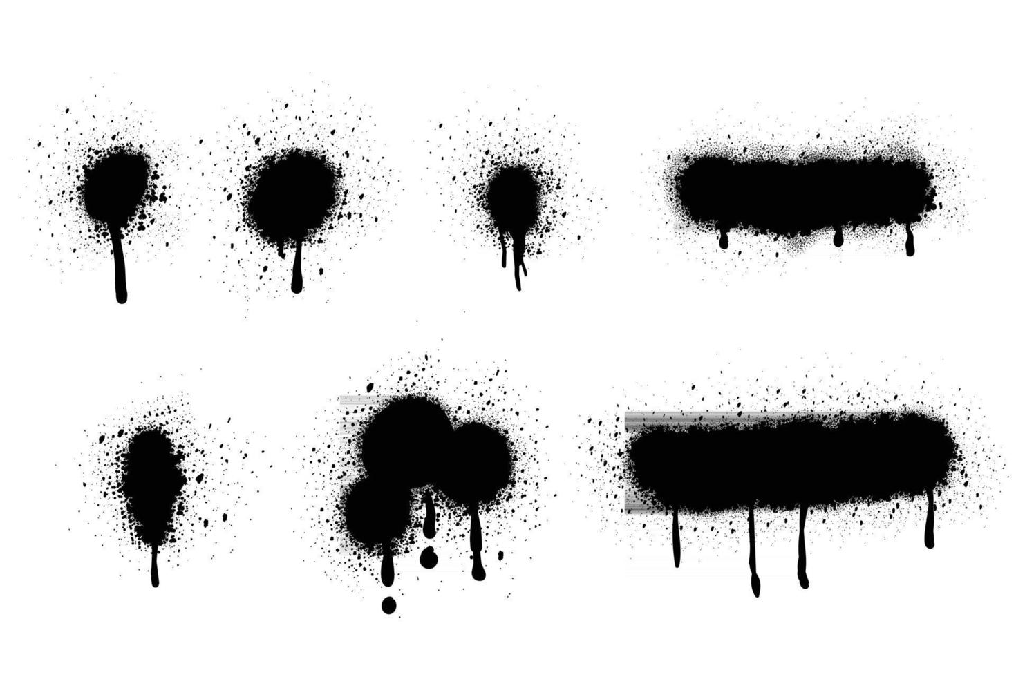 Spray Paint Vector Elements isolated on White Background. Set of  frame and black round ink stains, Lines and Drips Black ink splatters, Ink blots set, Street style.