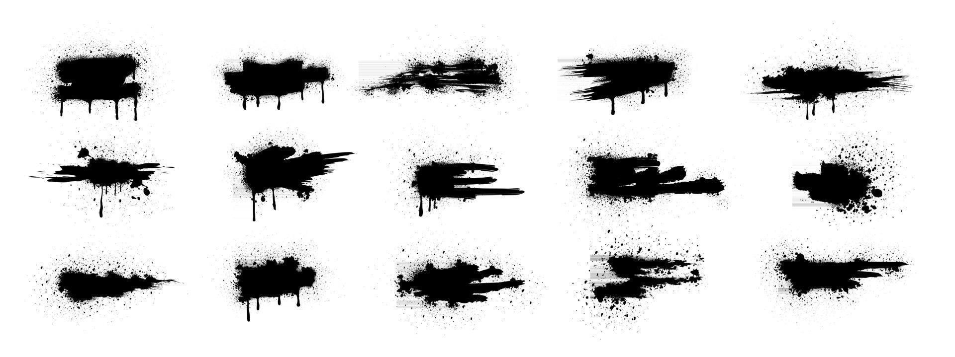 Spray Paint Vector Elements isolated on White Background. Set of  frame and black round ink stains, Lines and Drips Black ink splatters, Ink blots set, Street style.