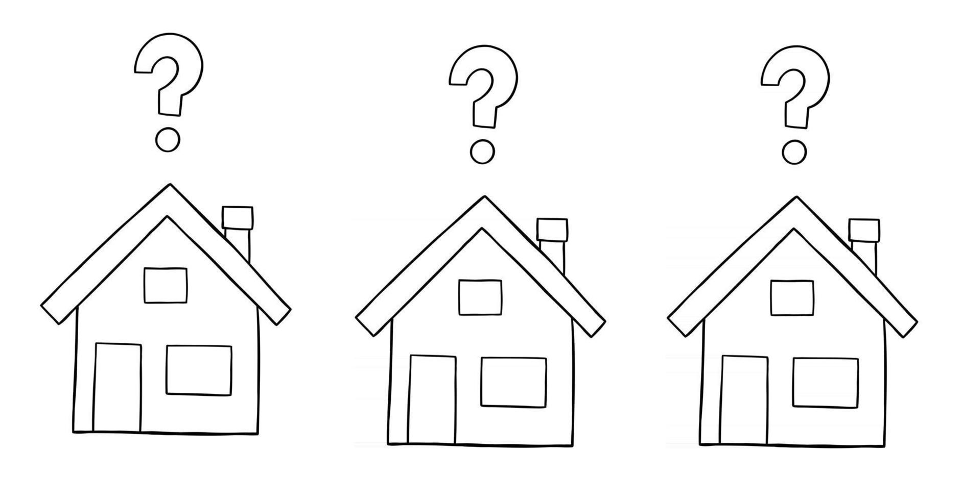 Cartoon Vector Illustration of Three Houses With Question Marks