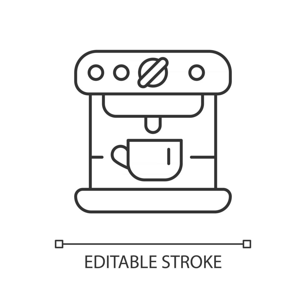Espresso machine linear icon. Commercial appliance for cafe. Barista accessories. Thin line customizable illustration. Contour symbol. Vector isolated outline drawing. Editable stroke