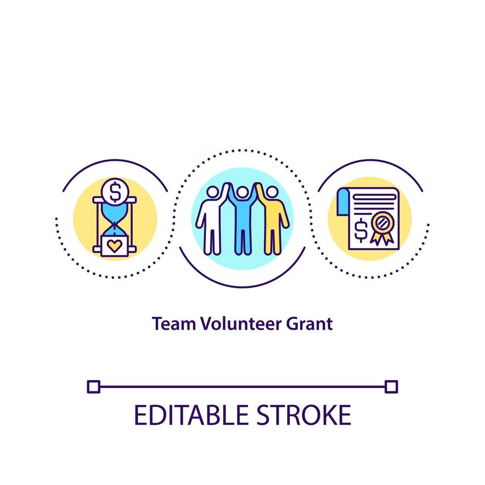 Team volunteer grant concept icon. Non profit organizations. Charity company. No financial purpose idea thin line illustration. Vector isolated outline color drawing. Editable stroke