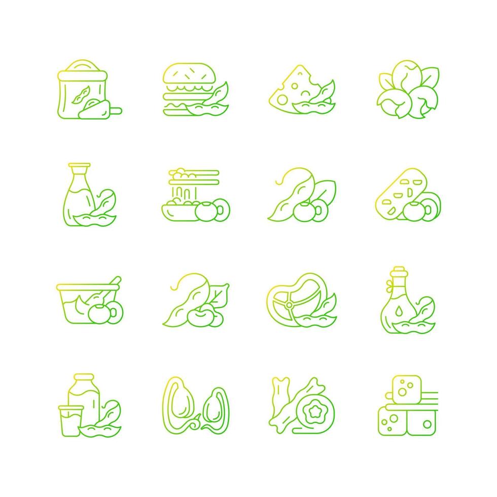 Soy foods gradient linear vector icons set. Healthy meals preparation. Plant based snacks. Nutritions source. Thin line contour symbols bundle. Isolated vector outline illustrations collection