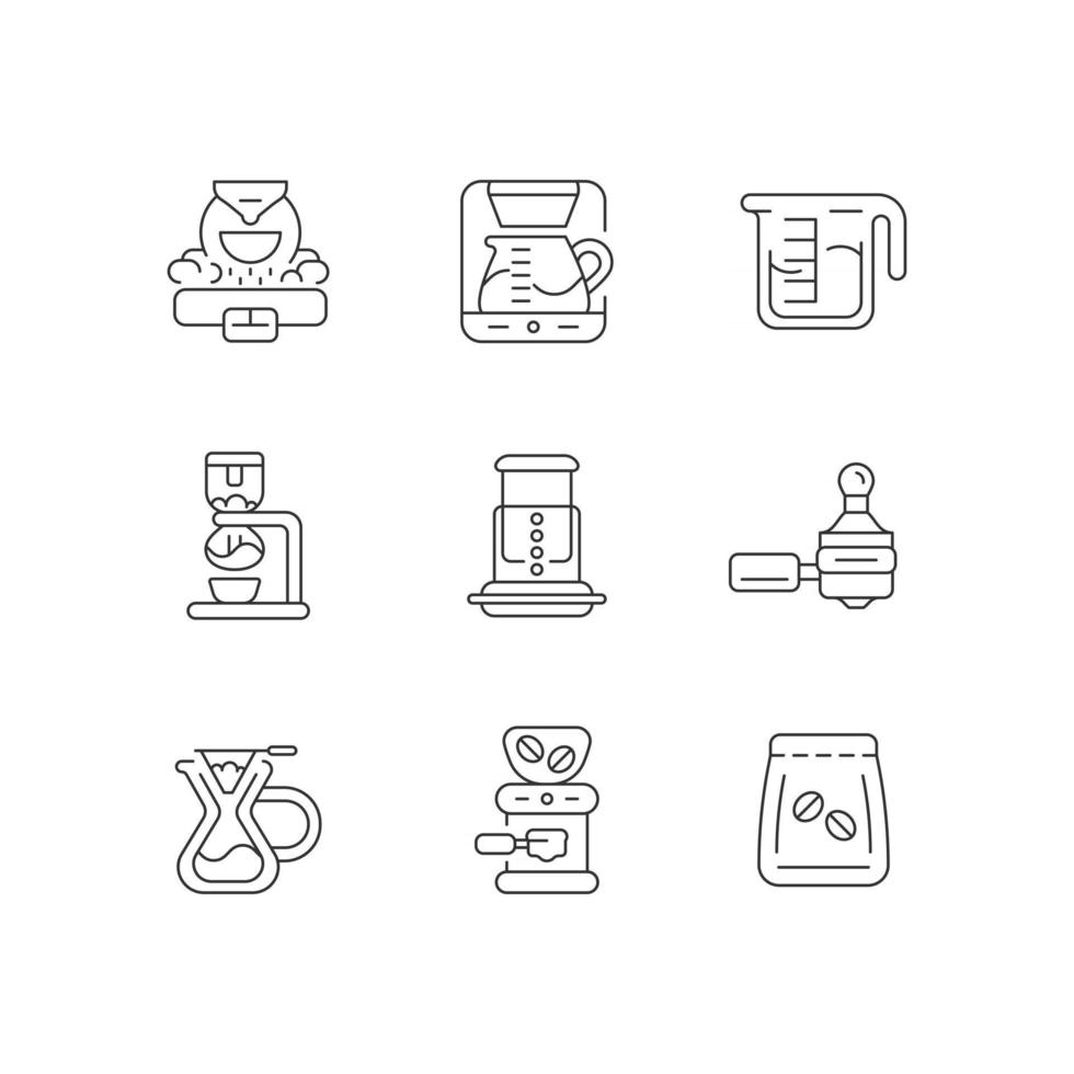 Coffee shop appliance linear icons set. Professional roaster for processing beans. Espresso making. Customizable thin line contour symbols. Isolated vector outline illustrations. Editable stroke