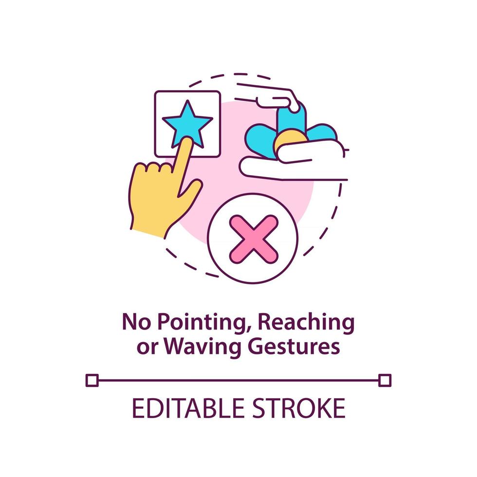 No pointing, reaching and waving gestures concept icon. Autism sign abstract idea thin line illustration. Developmentally delayed children. Vector isolated outline color drawing. Editable stroke